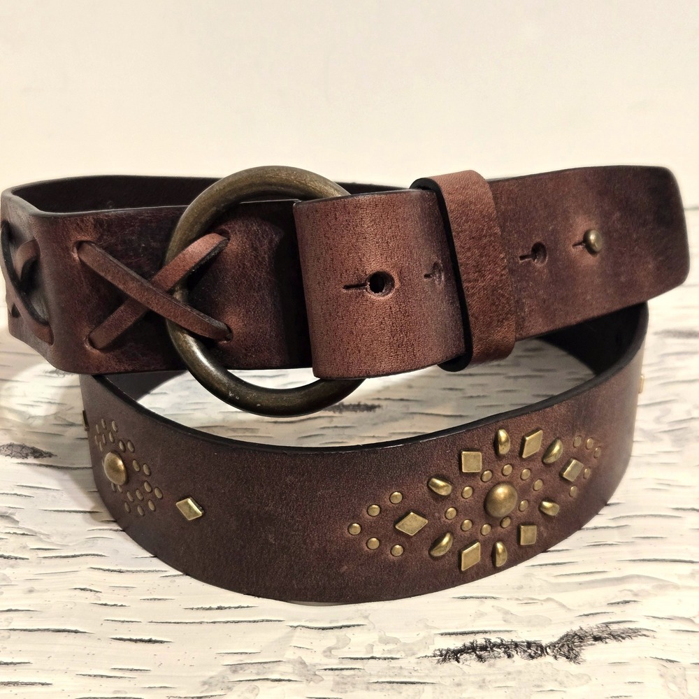 Sundance Leather Belt Women M Brown Studded Brass O-Ring Buckle Italy Western